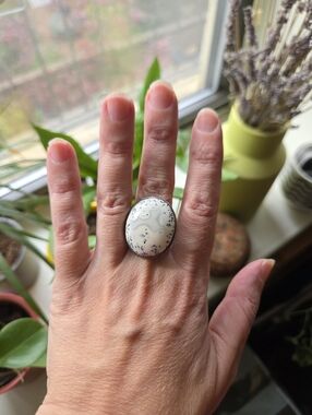 Bold Dendrite Agate Opal Ring, Oval, Sterling Silver, Sz 6-8 Adjustable